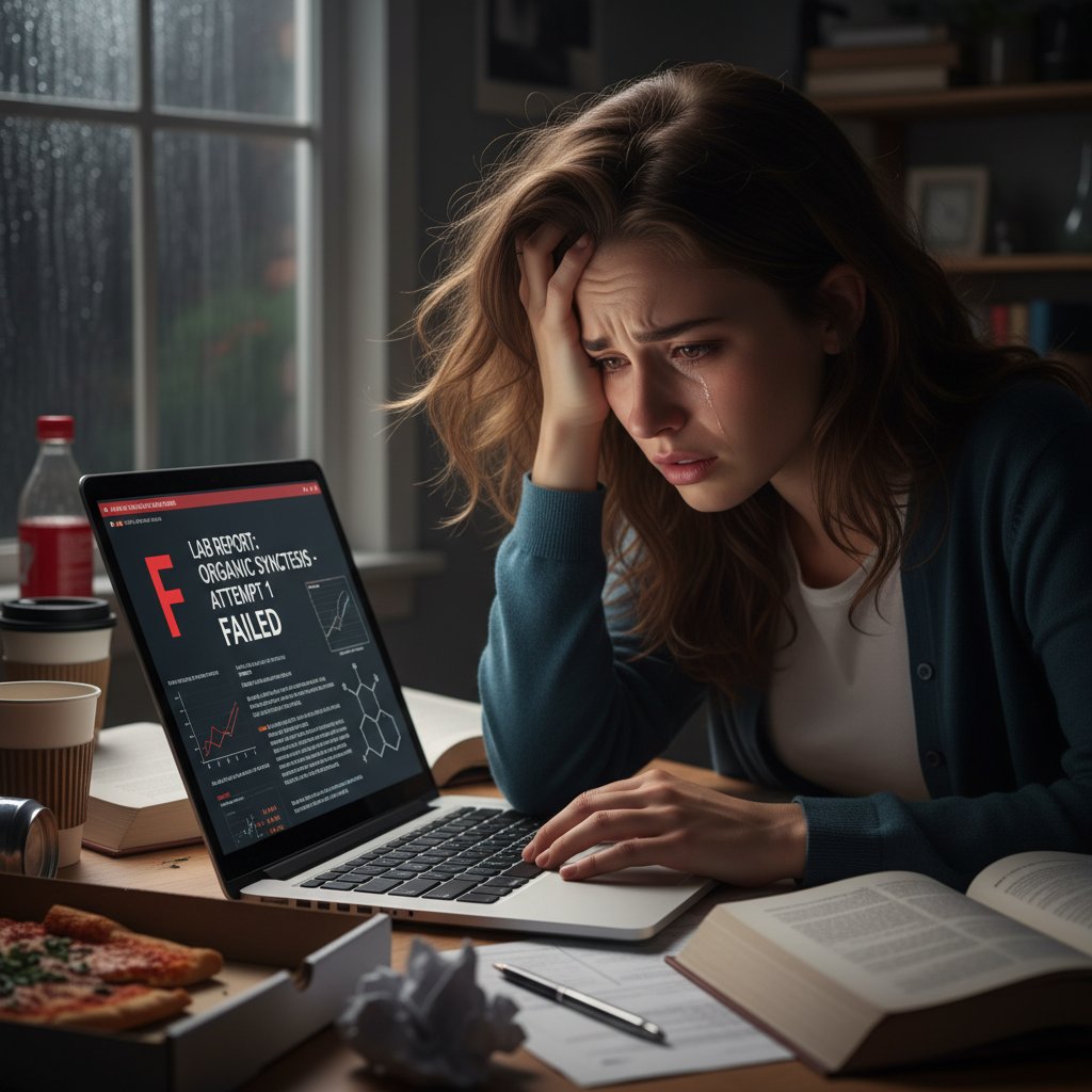 Stresująca sytuacja podczas nauki chemii online – uczeń zrezygnowany przed komputerem