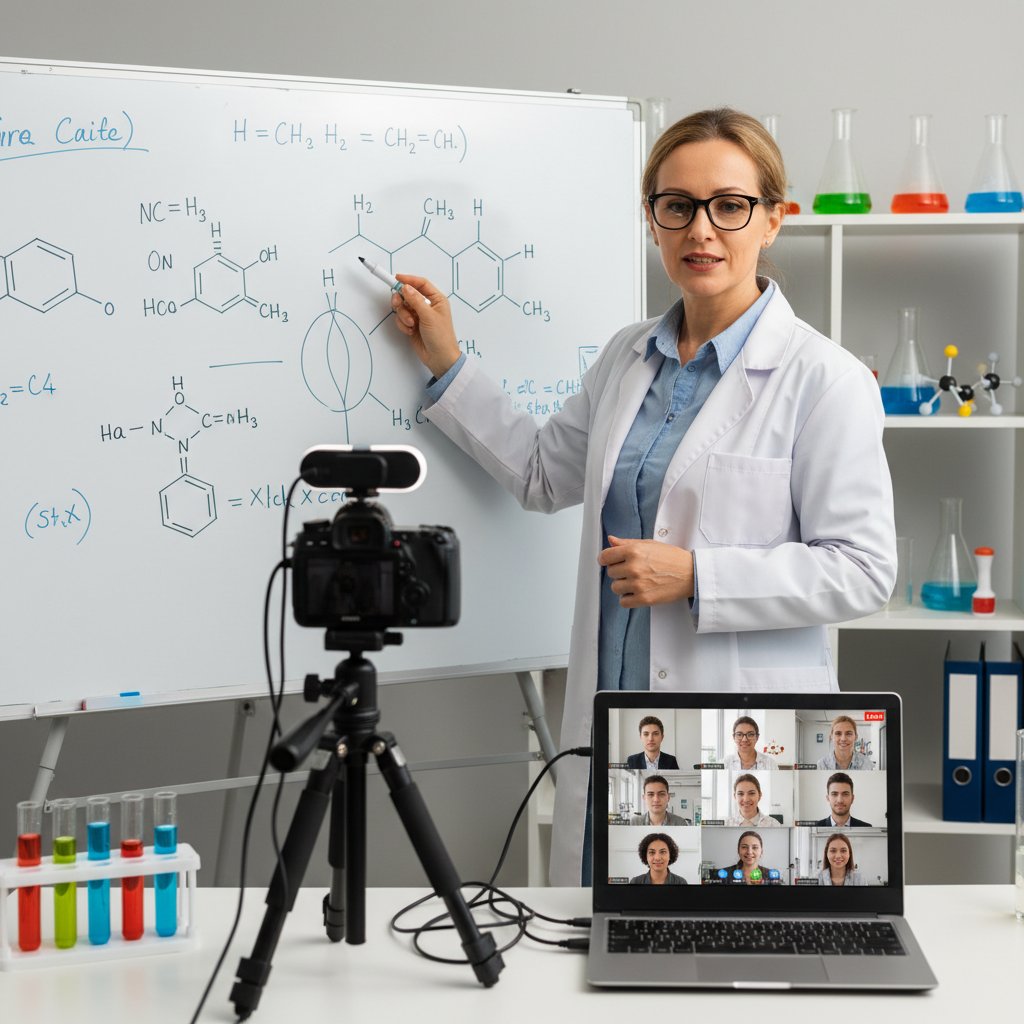 Egzaminator prowadzi kurs chemii online, kamera i tablica