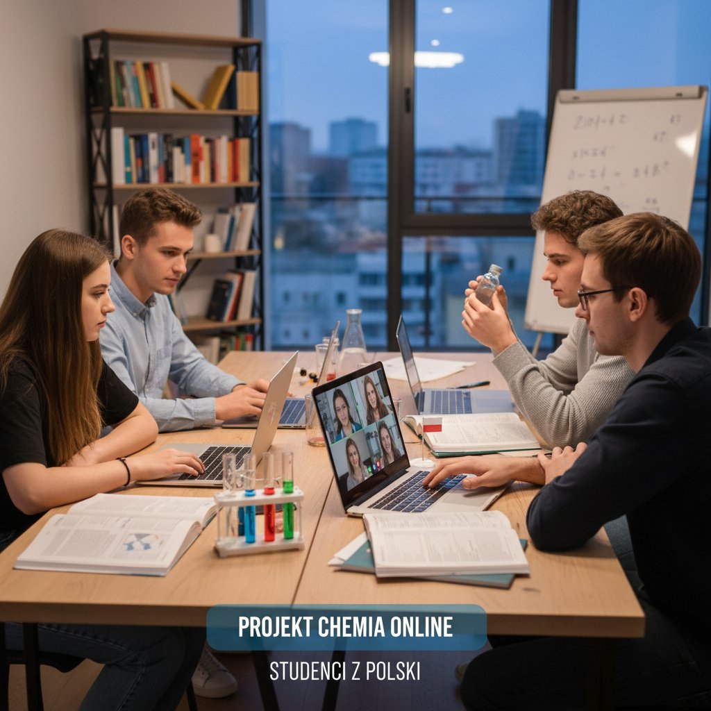 Uczniowie pracujący wspólnie nad projektem chemicznym online, grupa przed komputerami