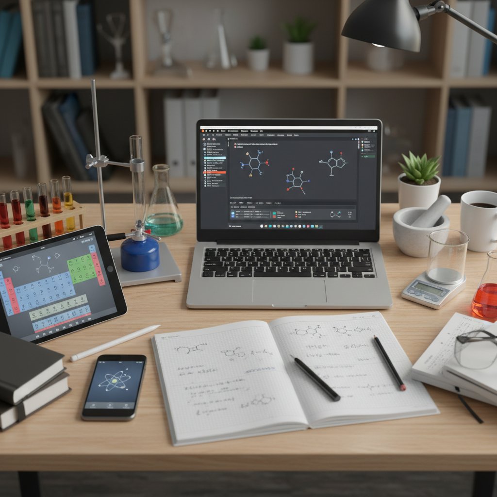 Przykładowe narzędzia do nauki chemii online na biurku ucznia