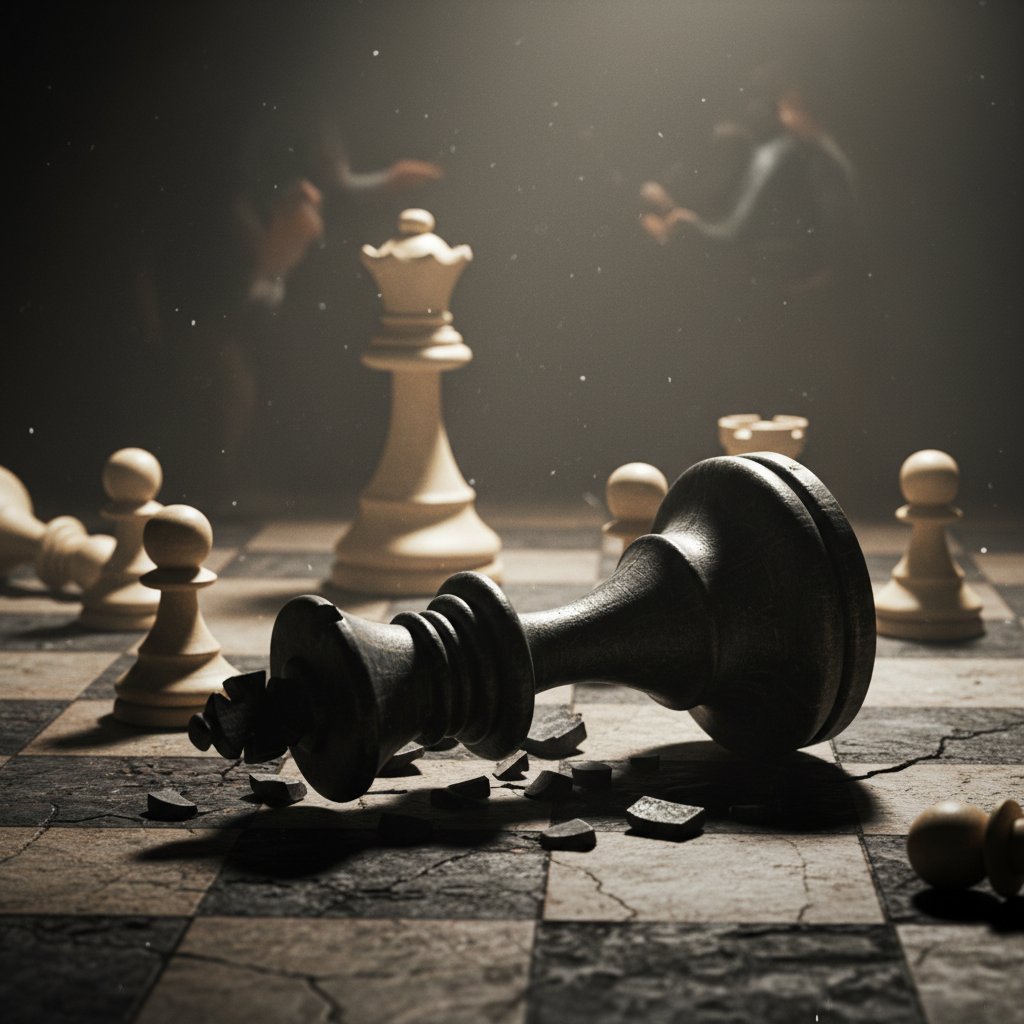 Symbolic image of chess king toppled, dramatic lighting, representing leadership downfall in power struggle movies