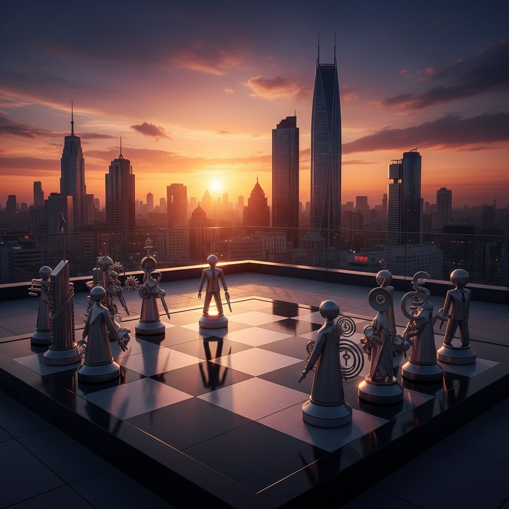 Symboliczna szachownica z figurami biznesowymi na tle miejskim, promienie zachodzącego słońca, wysoki kontrast
