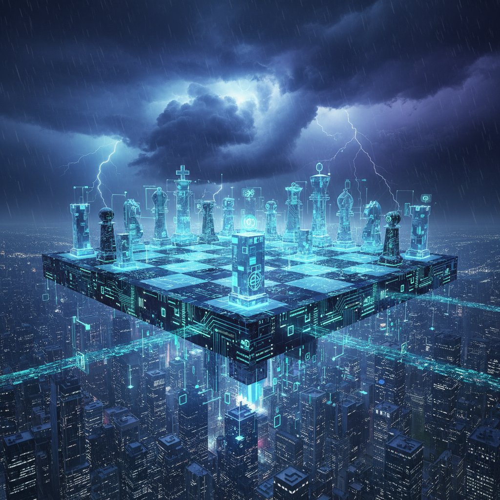 Chessboard morphing into digital code with dramatic lighting, symbolizing strategic decisions and disruption in the text analytics software industry forecast