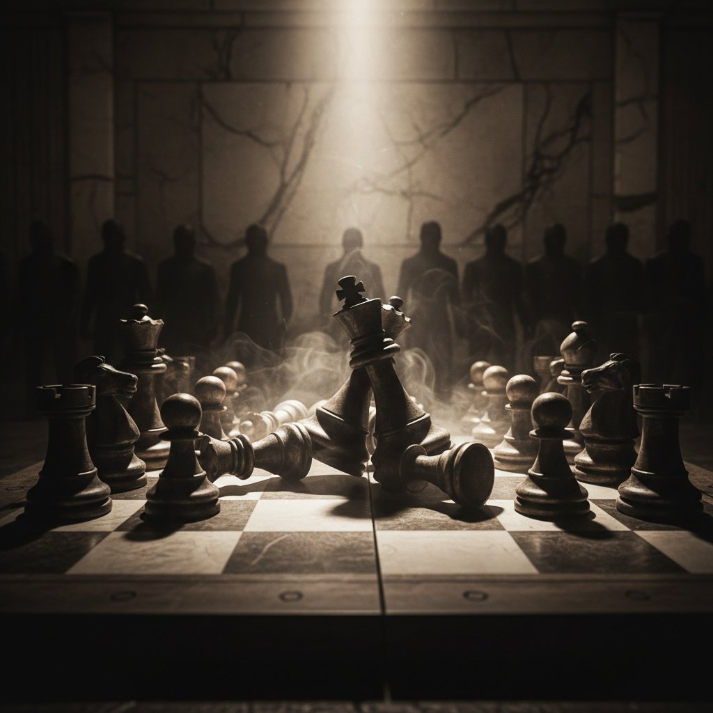 Chessboard with dramatic lighting as powerful symbol for cinematic power struggles in films