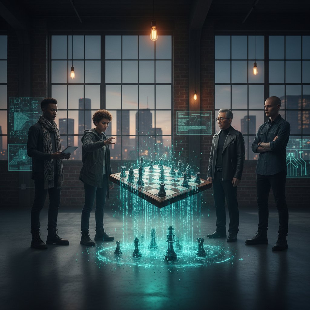 Symboliczne zdjęcie: szachownica i kod komputerowy stapiające się w jedno, w tle ludzie różnych pokoleń zaintrygowani grą