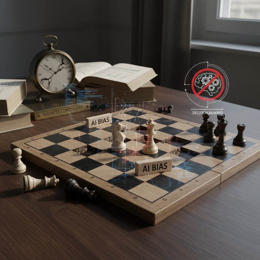 Symbolic chessboard with missing pawns and scattered AI algorithms, illustrating bias in business continuity decisions