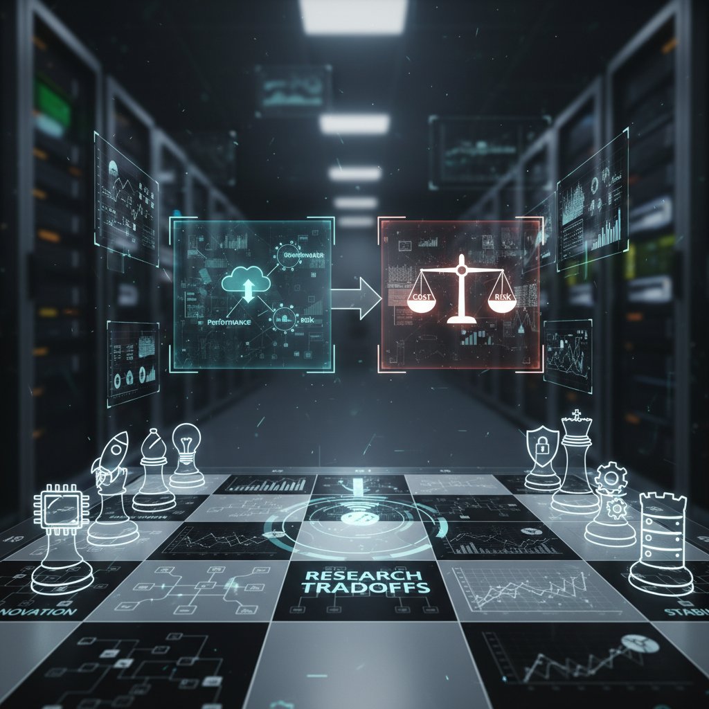 Trade-offs in research error prevention, chessboard with missing pieces and tech icons