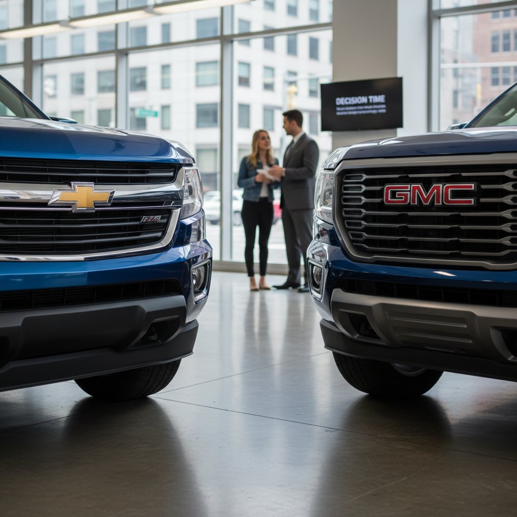 Close-up of Chevy Colorado and GMC Canyon grilles side by side, dealership lot setting, tense anticipation, sharp focus