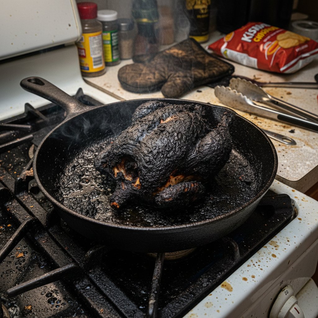 Kurczak na patelni, przypalony lub przesuszony, pokazuje najczęstsze błędy z przepisu na kurczaka