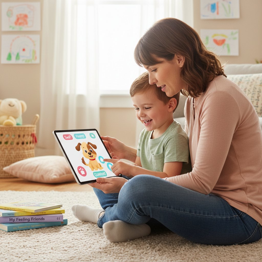 Dziecko i dorosły wspólnie bawią się wirtualnym psem na tablecie – emocje i edukacja w jednym