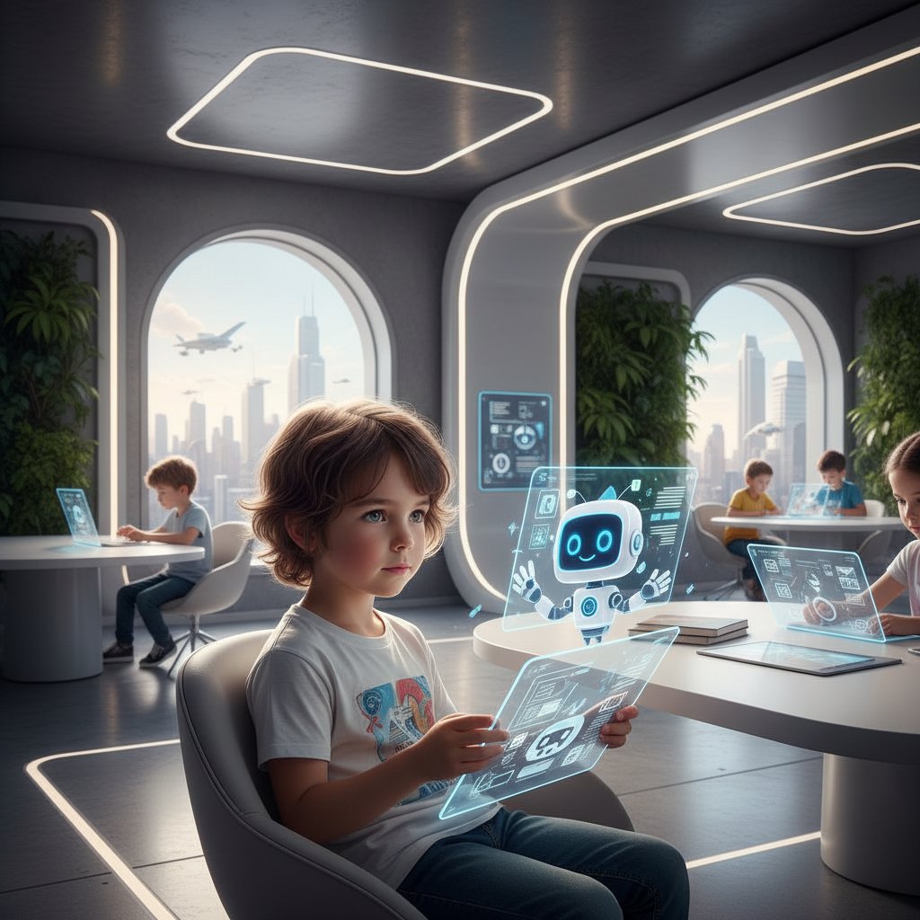 Kind nutzt KI-gestützten Tutor am Tablet, moderner Lernraum