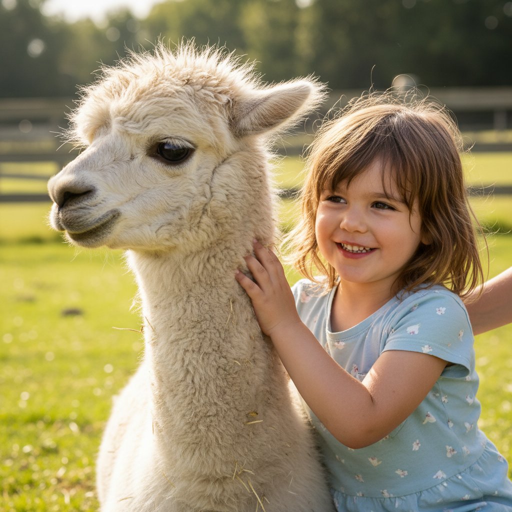 Zbliżenie na dziecko podczas terapeutycznej interakcji z alpaką, emocje i kontakt wzrokowy