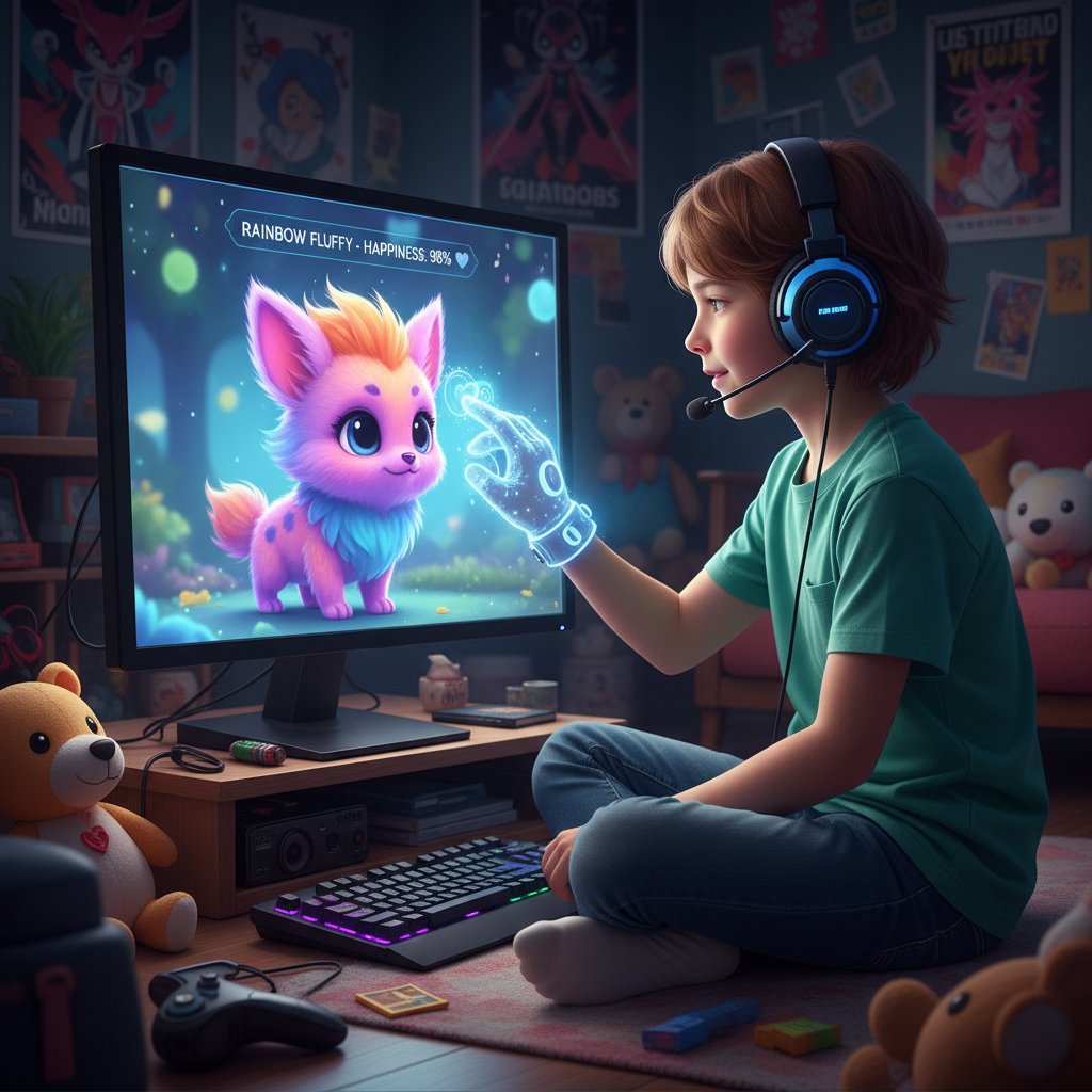 Dziecko opiekujące się wirtualnym zwierzakiem na komputerze, rozwijanie empatii przez grę online