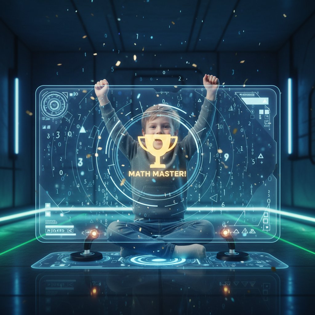Dziecko wygrywa grę matematyczną online, dynamiczna scena z cyfrowym interfejsem