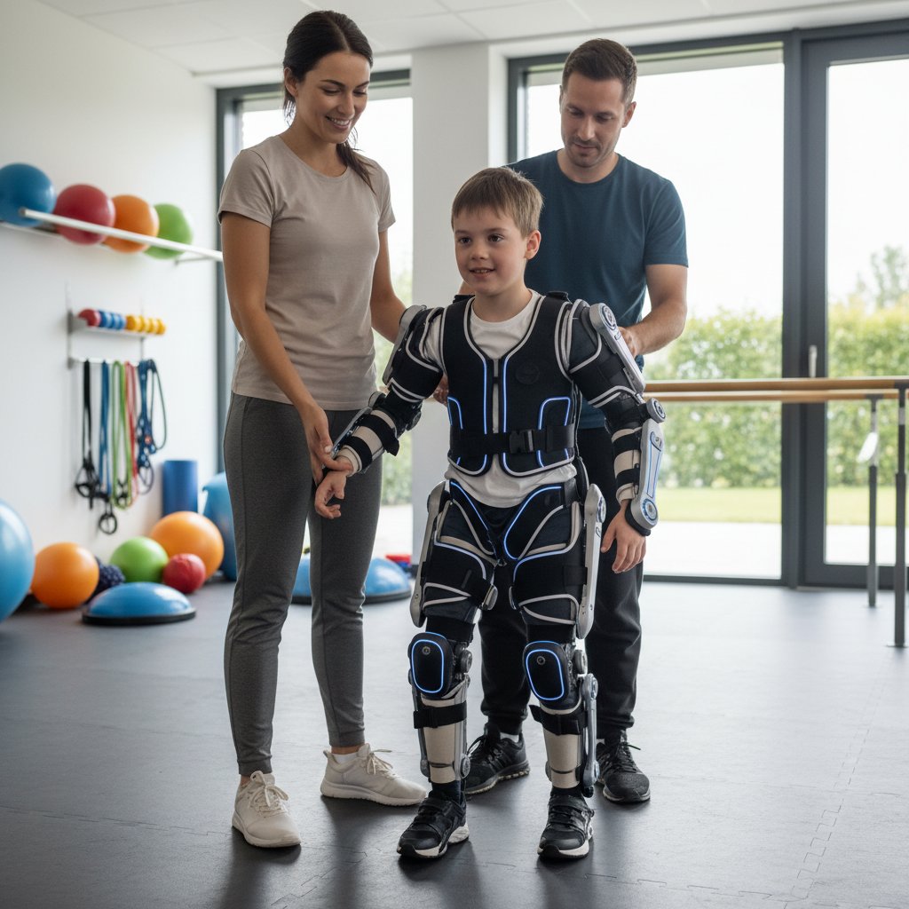 Dziecko z porażeniem mózgowym ćwiczy chód z pomocą egzoszkieletu, wsparcie terapeuty