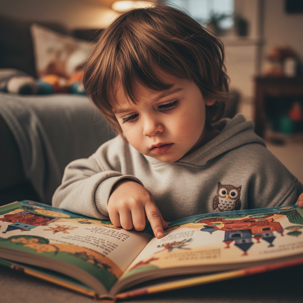 Dziecko patrzące z bliska na książkę, wyraźnie zmęczone, z wyrazem koncentracji na twarzy