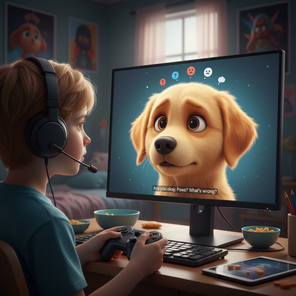 Dziecko przy komputerze, na ekranie realistyczny pies AI pokazujący emocje, cyfrowa socjalizacja