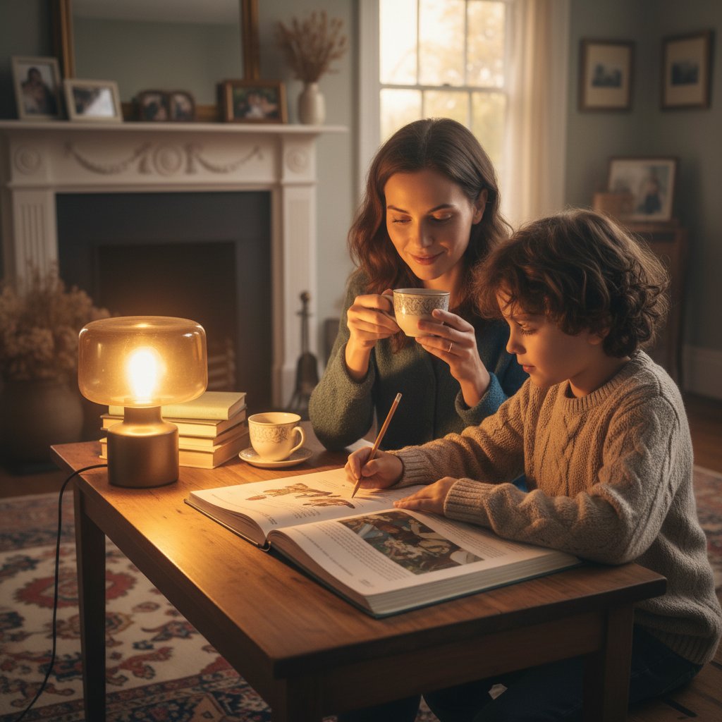 Dziecko przy biurku, obok rodzic z kubkiem herbaty, wspólne rytuały nauki, ciepła atmosfera