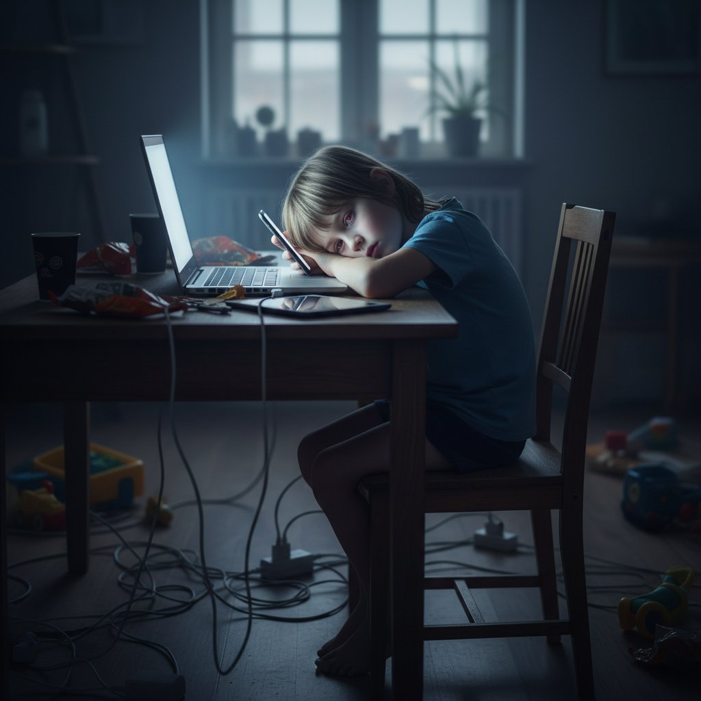 Zmęczone dziecko opierające głowę o biurko, ekran laptopa z lekcją online, w świetle dziennym