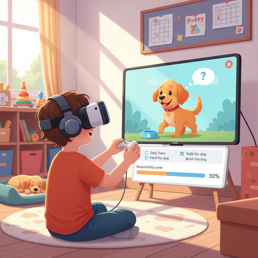 Dziecko wykonuje codzienne zadania w symulatorze psa na tablecie
