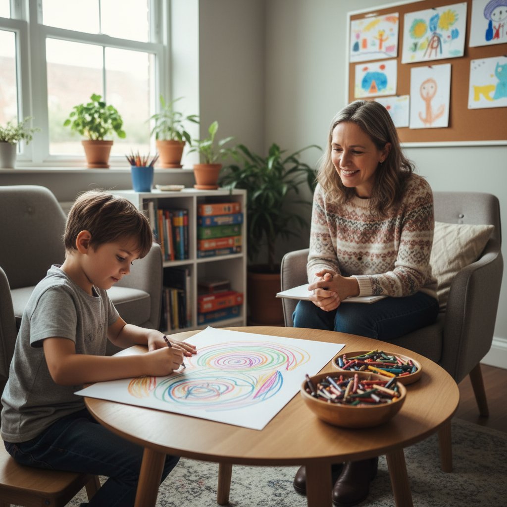 Dziecko podczas psychoterapii, rysujące na kartce, symbolizujące pracę nad perfekcjonizmem
