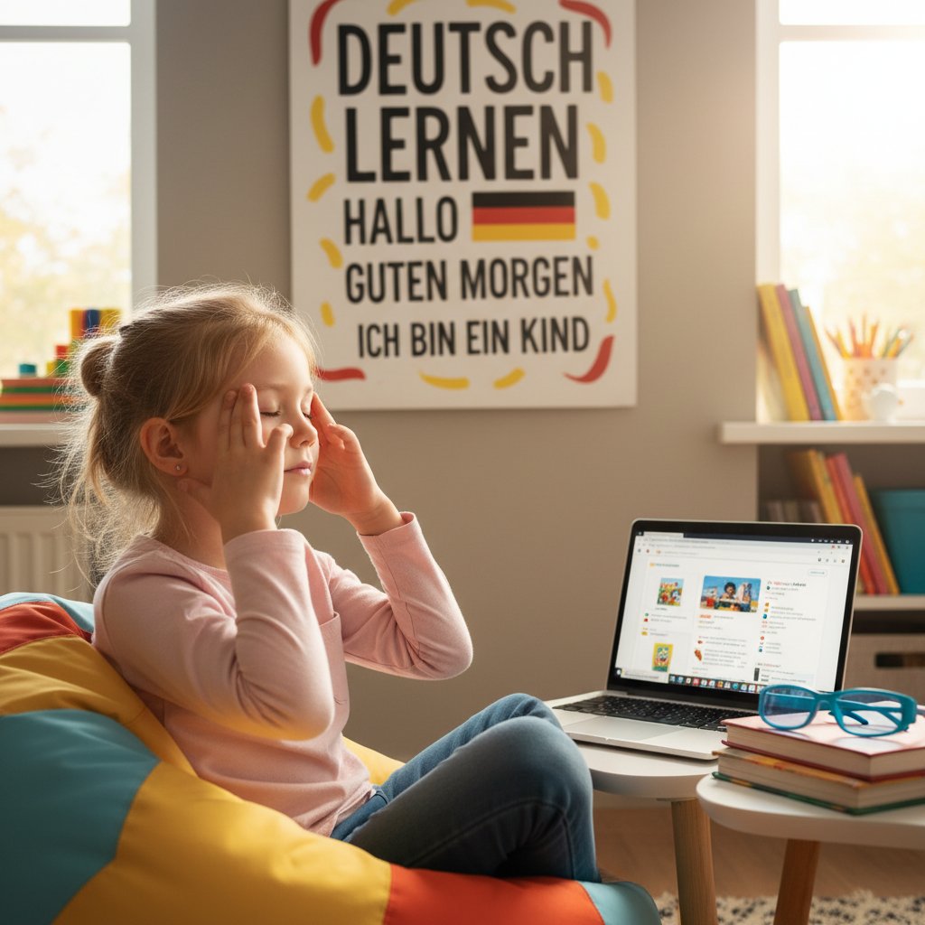 Dziecko ćwiczące wzrok podczas przerwy od nauki niemieckiego online