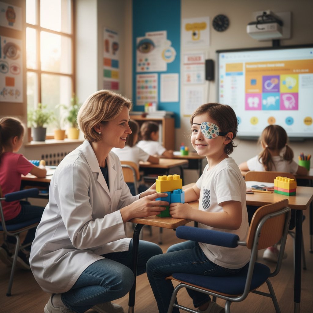 Dziecko z opaską na oku na tle szkolnej sali, obrazujące rehabilitację niedowidzenia po urazie lub w wyniku wady genetycznej