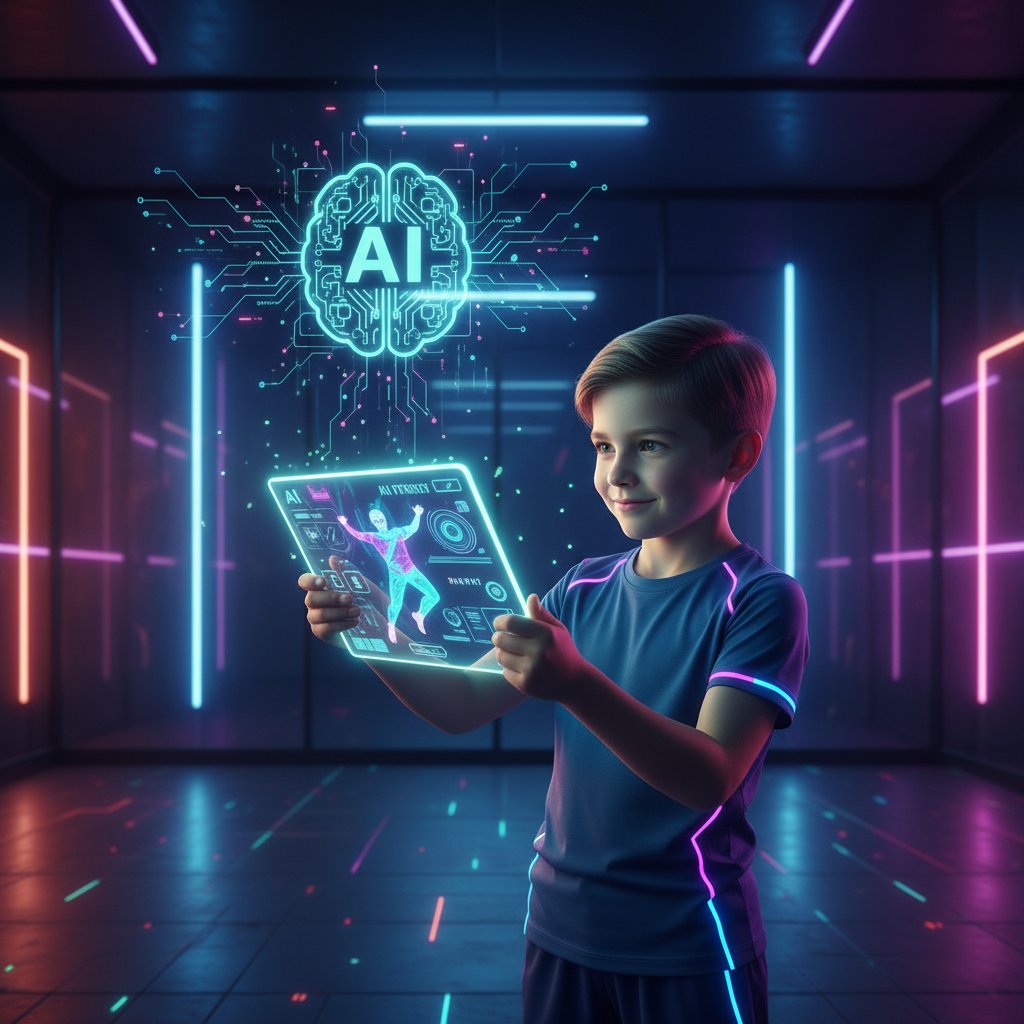 Dziecko korzysta z aplikacji AI do fitnessu na tablecie, neonowe akcenty, nowoczesna technologia