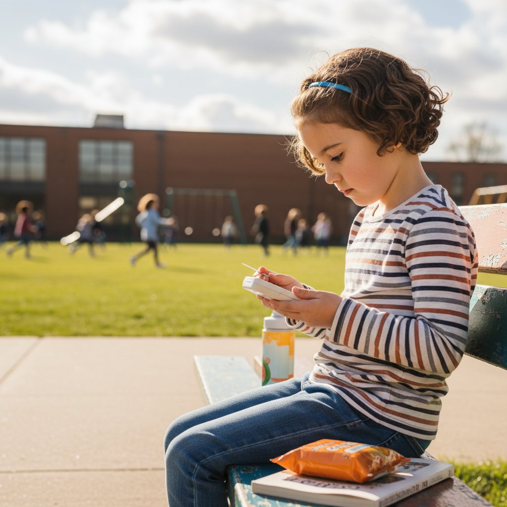 Dziecko z cukrzycą typu 1 mierzące poziom glukozy na przerwie w szkole