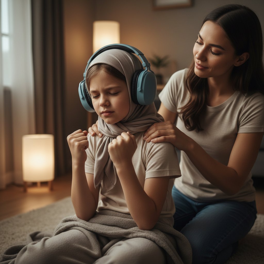 Dziecko z słuchawkami na uszach, zamykające oczy przed światłem, dorosły z napięciem mięśniowym