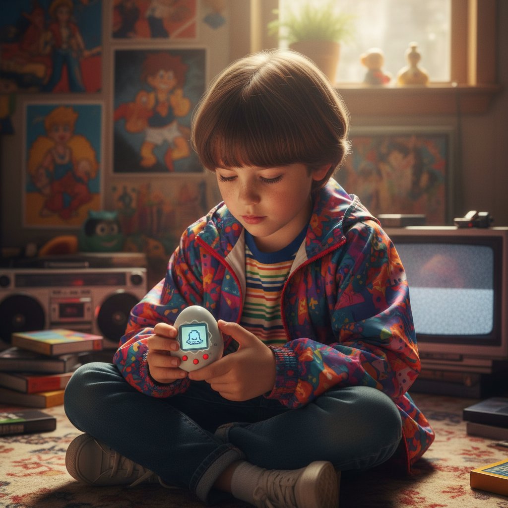 Dziecko trzymające zabawkę Tamagotchi, symbol wirtualnych pupili lat 90.