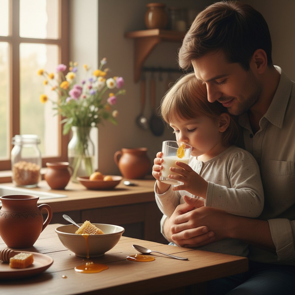 Dziecko z łyżeczką miodu i kubkiem mleka, domowa kuchnia, opieka rodzica