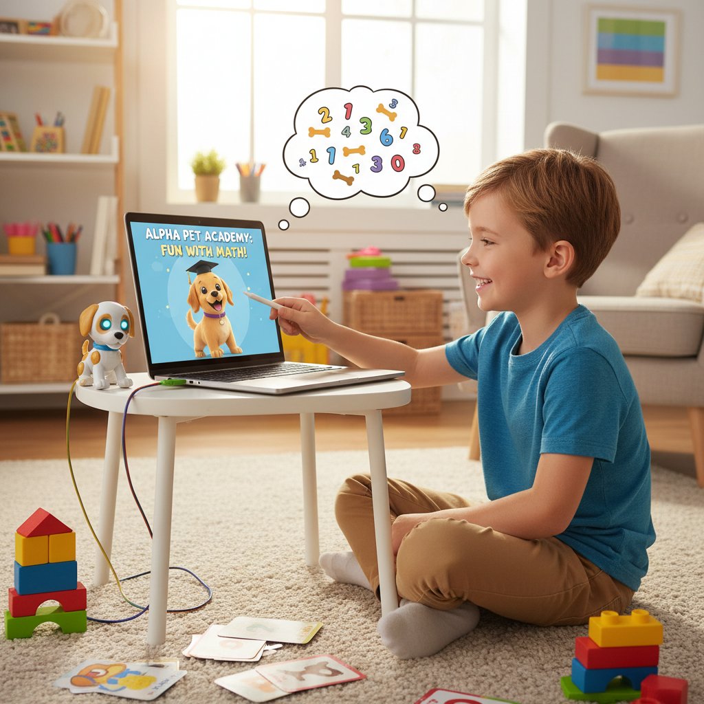 Dziecko z laptopem, uśmiechnięte w trakcie zabawy z wirtualnym psem – edukacja i rozrywka