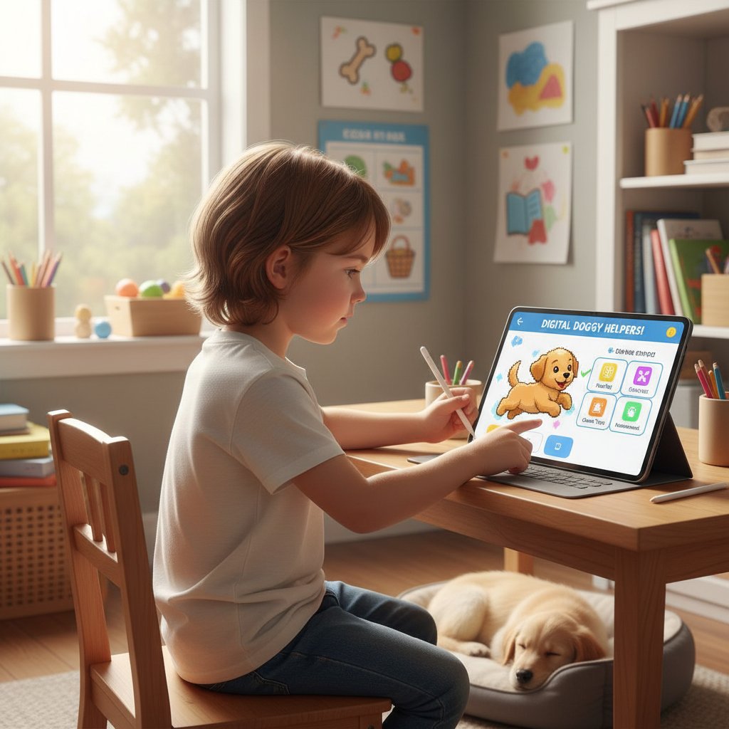 Dziecko uczące się obowiązków dzięki wirtualnemu psu, na stole tablet i lista zadań