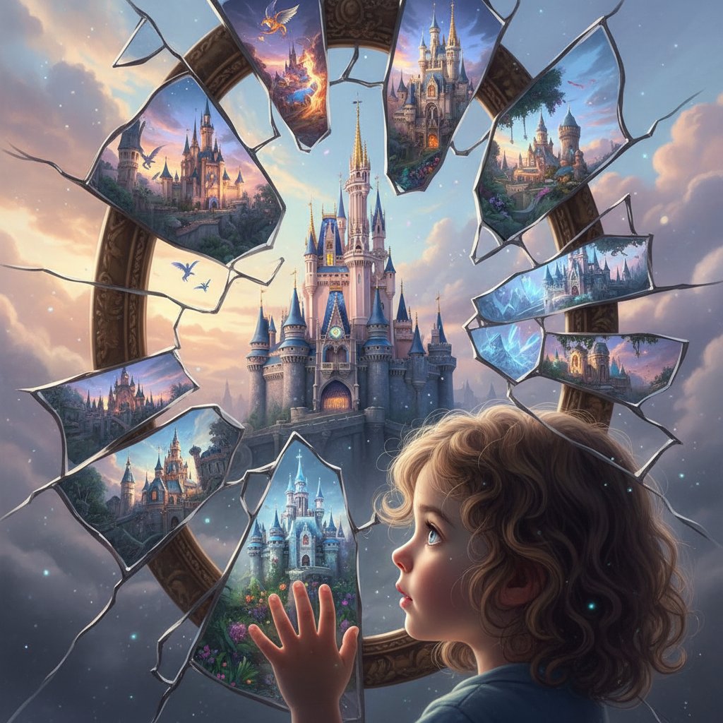 A child looking at a Disney castle reflected in a cracked mirror.
