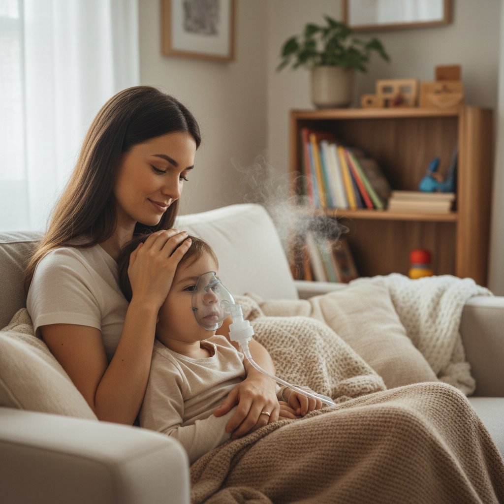 Małe dziecko z maską do nebulizacji, opiekun asystuje