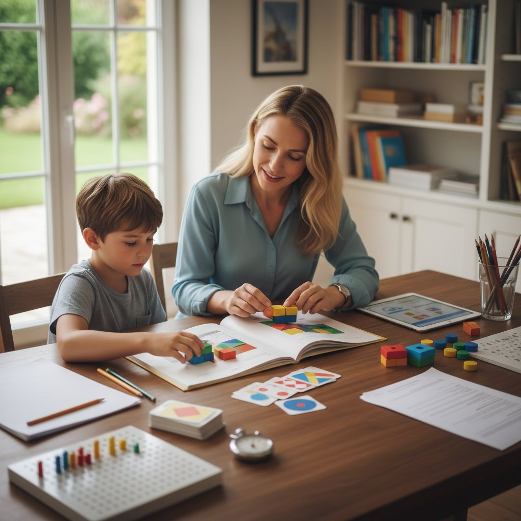 Dziecko rozwiązujące kolorowe testy neuropsychologiczne przy biurku, psycholog asystuje