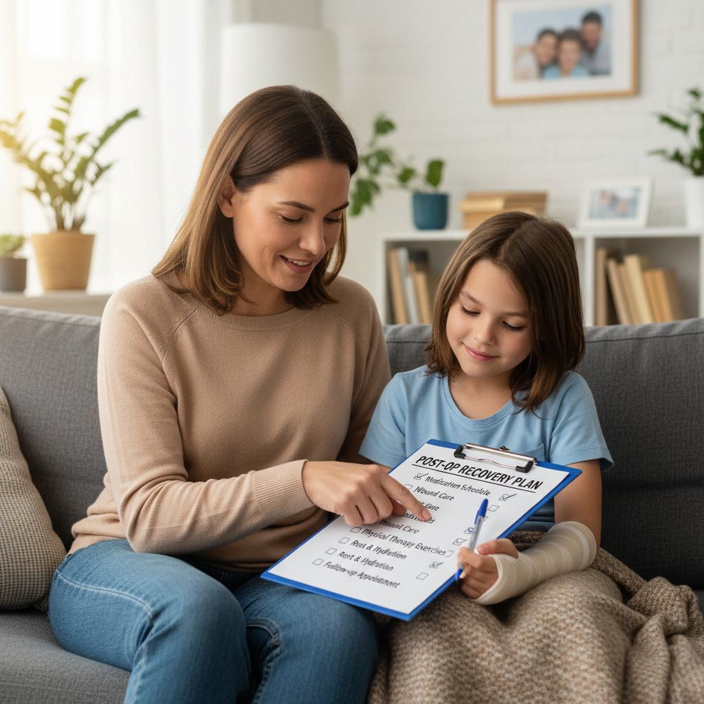 Dziecko i opiekun sprawdzający checklistę zdrowia po operacji migdałków