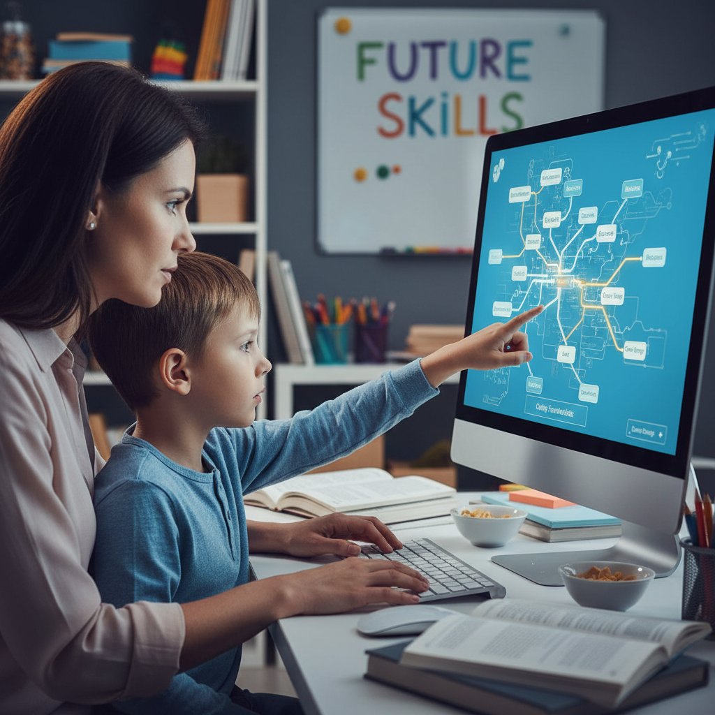Dziecko z rodzicem przy komputerze, oboje skupieni na ekranie, symboliczna cyfrowa ścieżka edukacyjna
