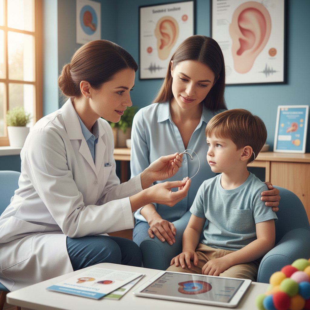 Dziecko z rodzicem na konsultacji po aktywacji implantu ślimakowego