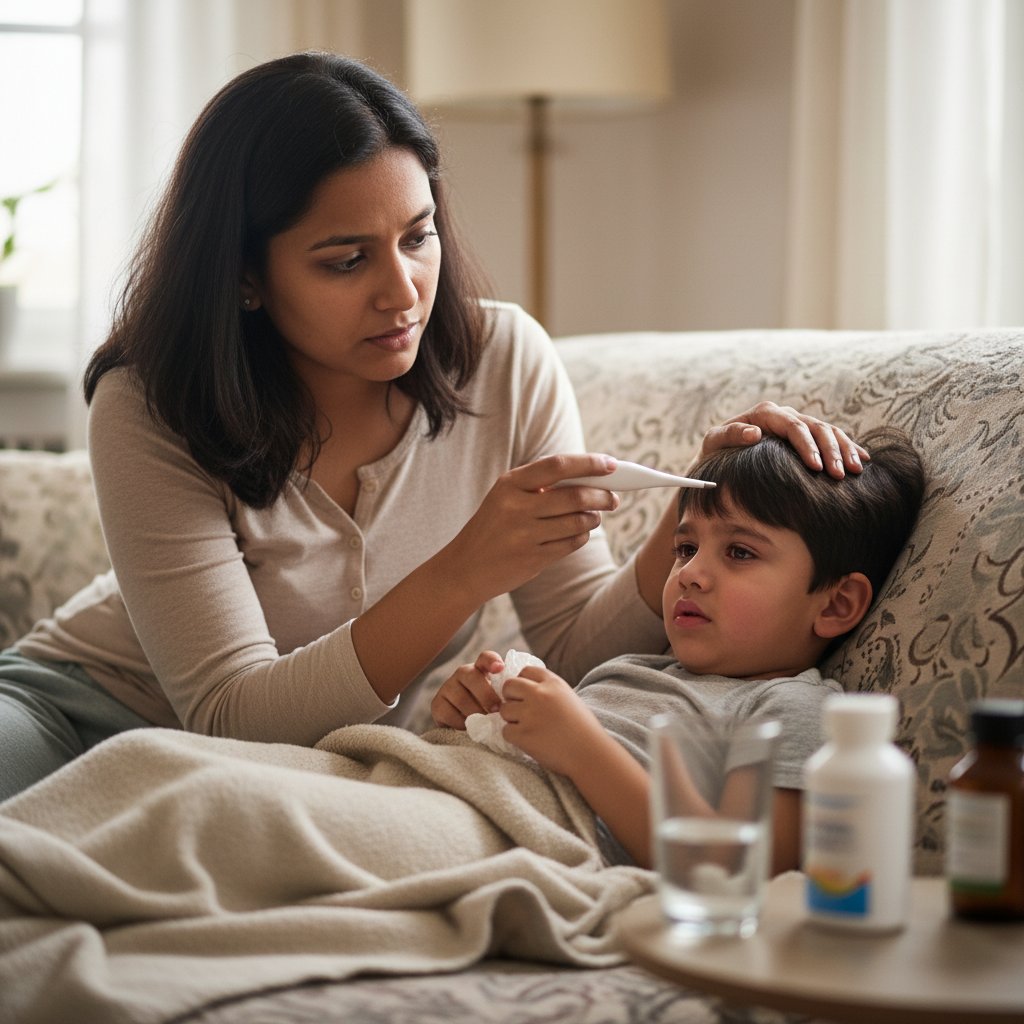 Bliska scena dziecka z łzawiącymi oczami, rodzic mierzący temperaturę, domowa sceneria, słowa kluczowe: adenowirus, objawy u dzieci, opieka domowa