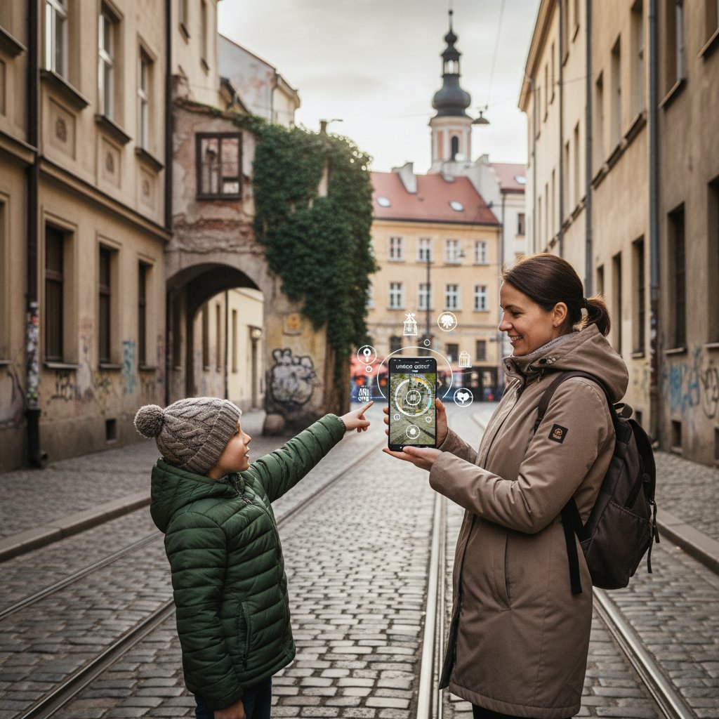 Dziecko z rodzicem sprawdzający aplikację mobilną ulice.ai podczas miejskiej wycieczki