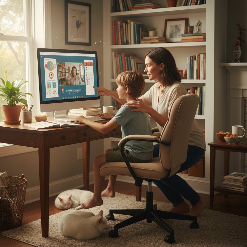 Małe dziecko z rodzicem przy komputerze podczas nauki zdalnej, widoczne skupienie i wsparcie
