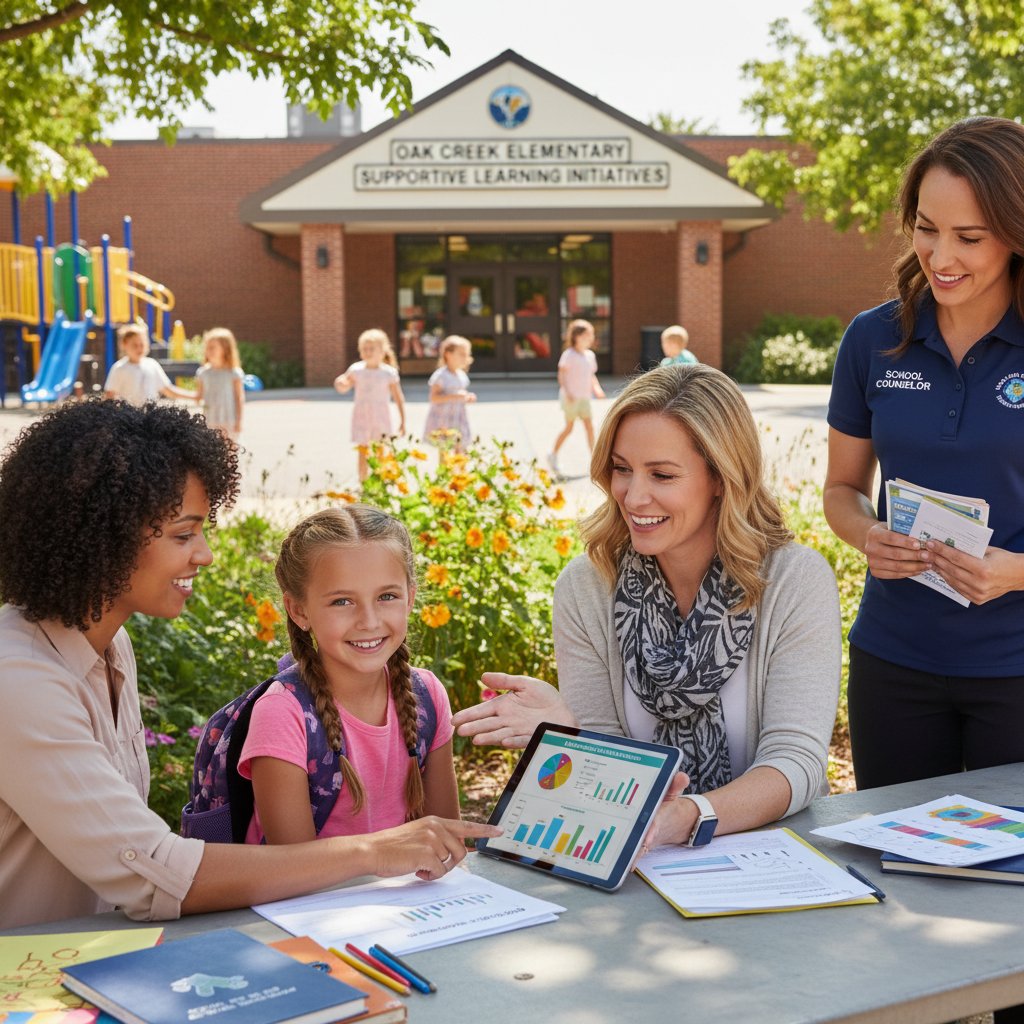 Dziecko z rodzicem i nauczycielem podczas rozmowy o terapii pedagogicznej, emocjonalne wsparcie w polskiej szkole