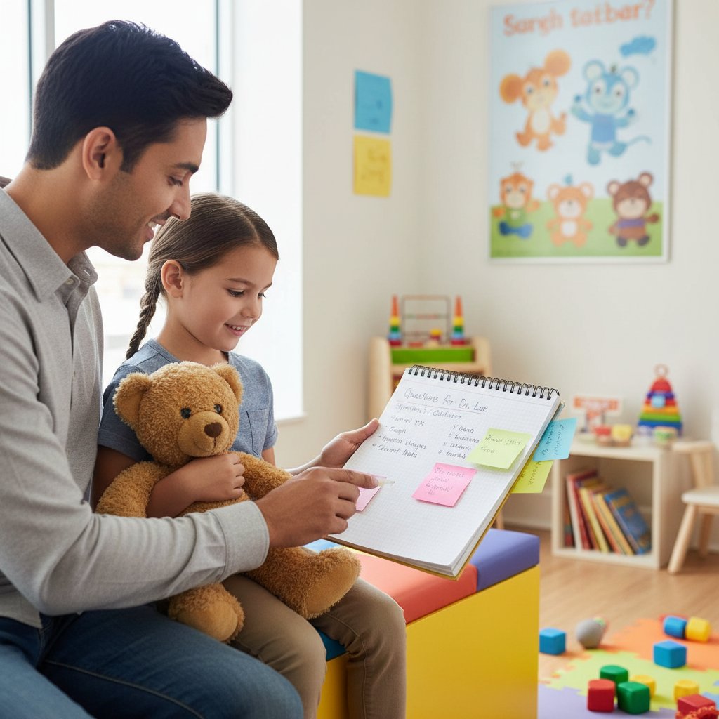 Dziecko z rodzicem w poczekalni, pluszak i notatki do lekarza, przygotowanie do wizyty pediatrycznej