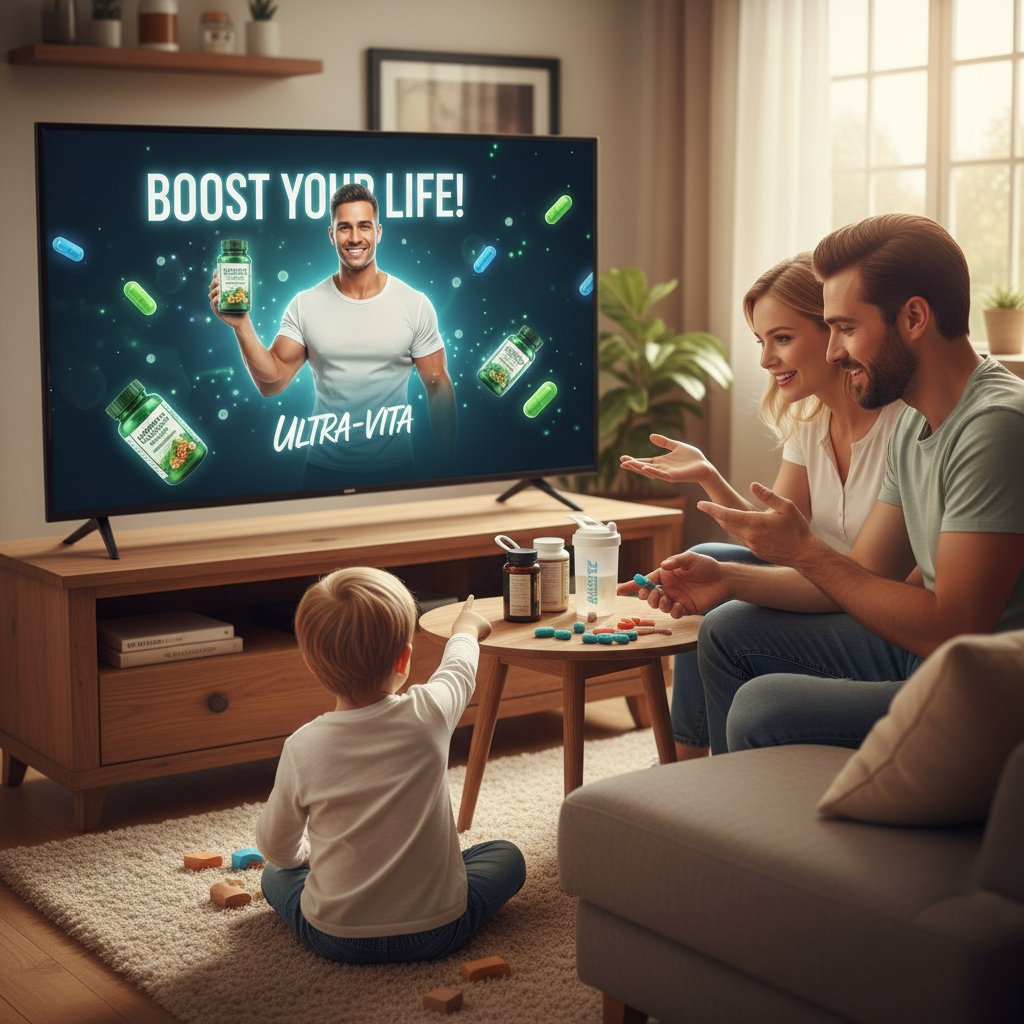 Dziecko oglądające reklamy suplementów w telewizji z rodzicami