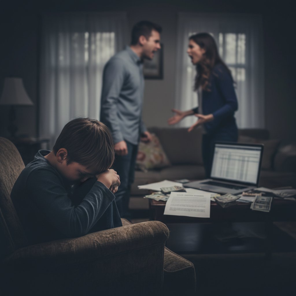 Dziecko siedzi między dwiema kłócącymi się osobami przy stole – konsekwencje konfliktu o alimenty