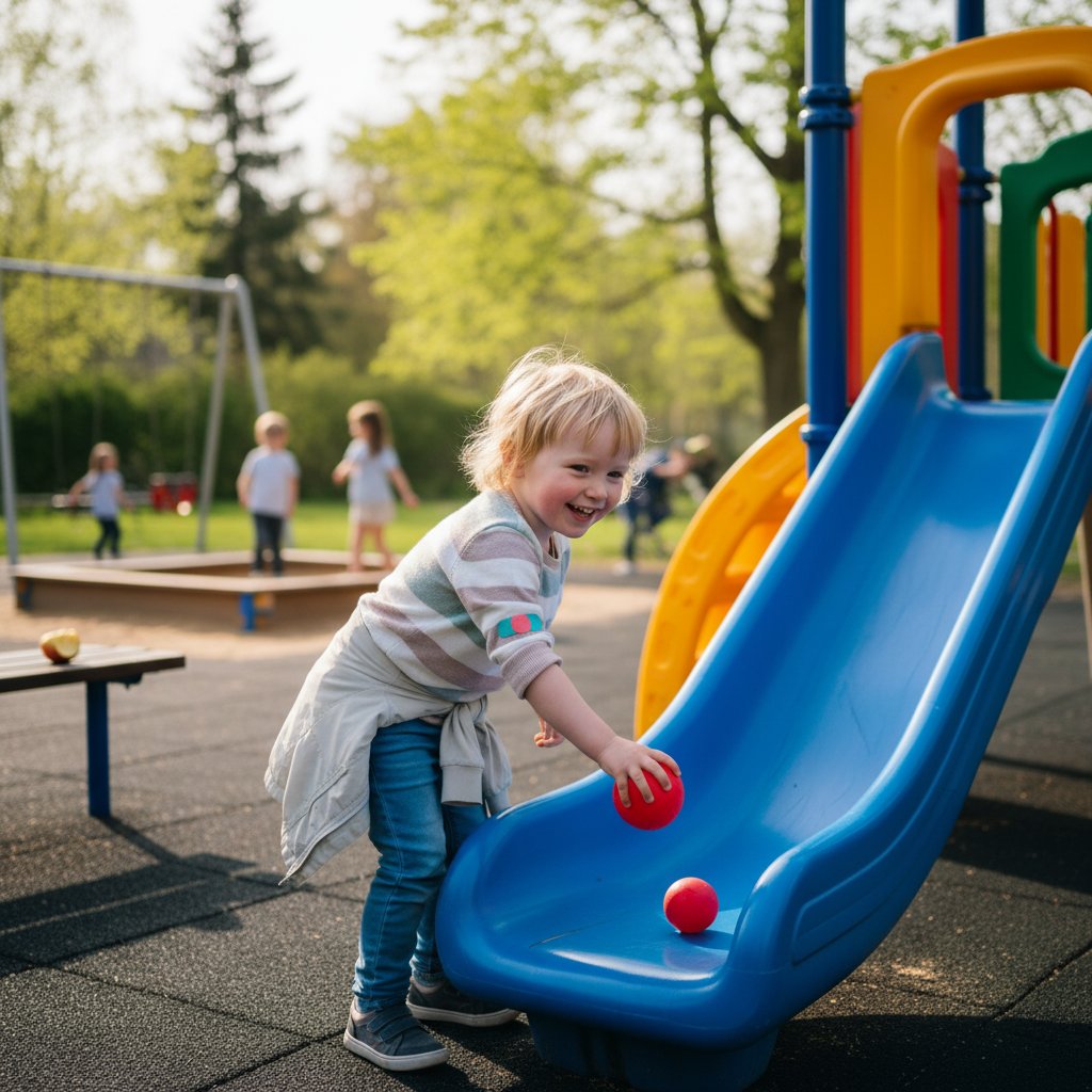 Dziecko bawiące się na placu zabaw po przebyciu infekcji zapalenia oskrzelików