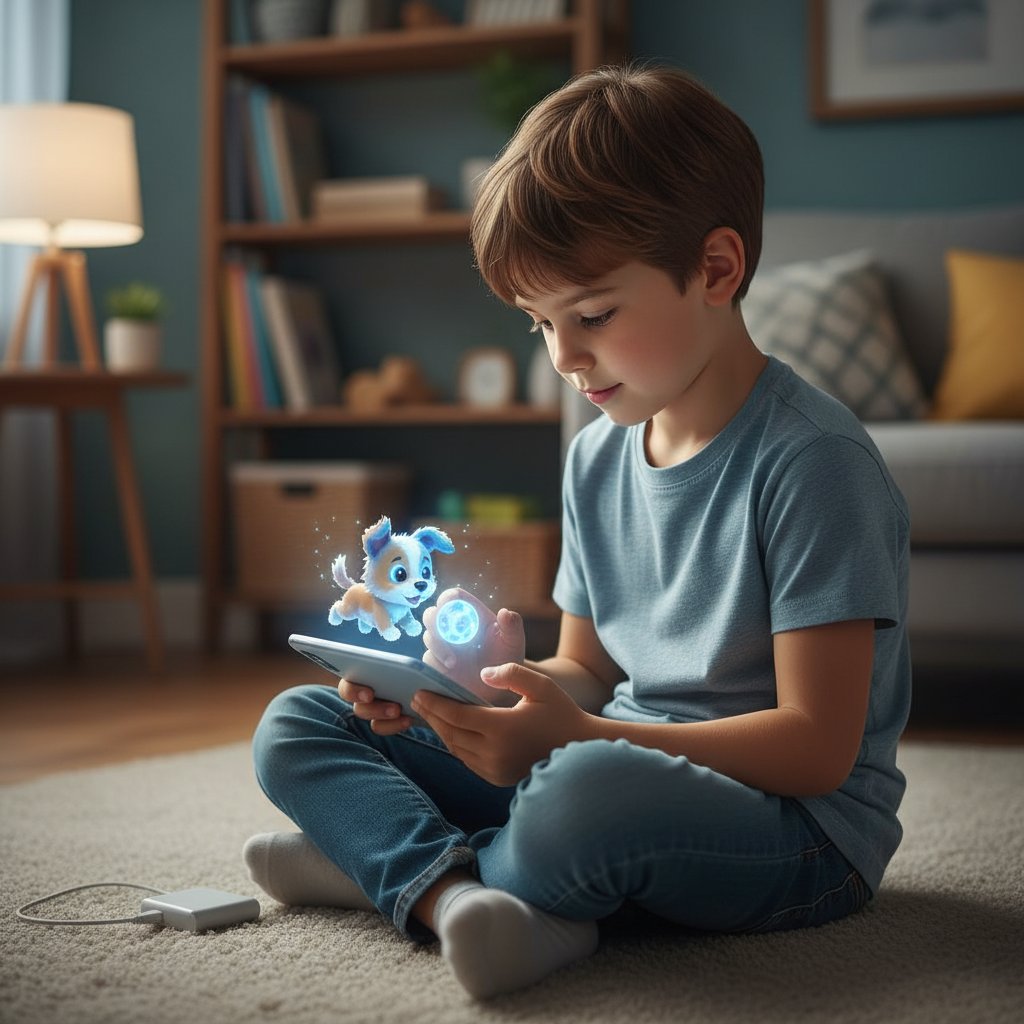 Dziecko bawiące się smartfonem, na ekranie cyfrowy szczeniak — symulator opieki w akcji