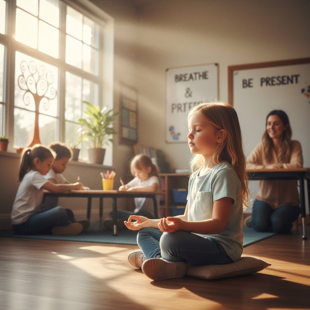 Dziecko w klasie, zamyślone podczas ćwiczenia mindfulness, światło pada przez okno szkoły